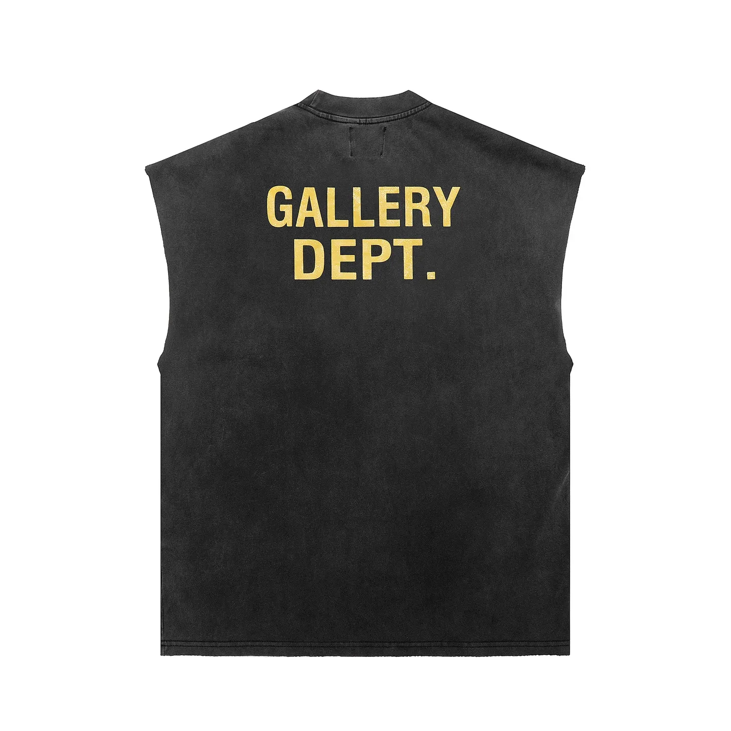 pt model number #G1007 P116 GALLERY DEPT. Distressed and frayed sleeveless waistcoat short sleeves. Artistic painter prints on the front and back. Made of 280G double yarn pure cotton. The fabric is comfortable and stylish. After washing and distressing, the upper body becomes more fashionable and cool. The collar and hem are frayed. The US version is too large. Color: washed black. Size S/M/L/XL
